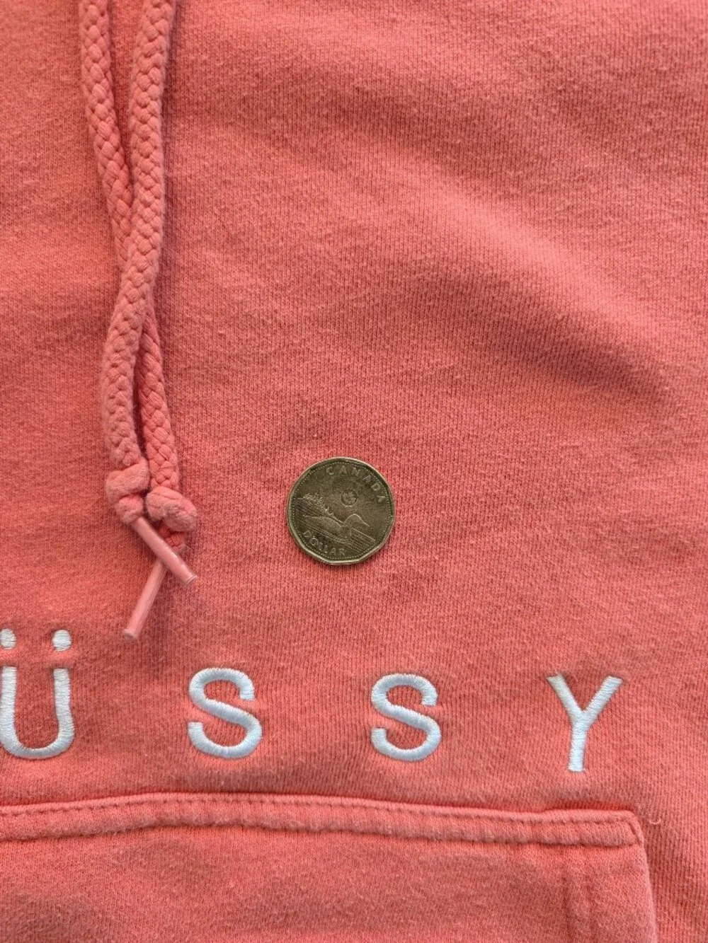 Stussy Embroidered Spell Out Hoodie Coral Made in USA - Size S - Picture 2 of 6